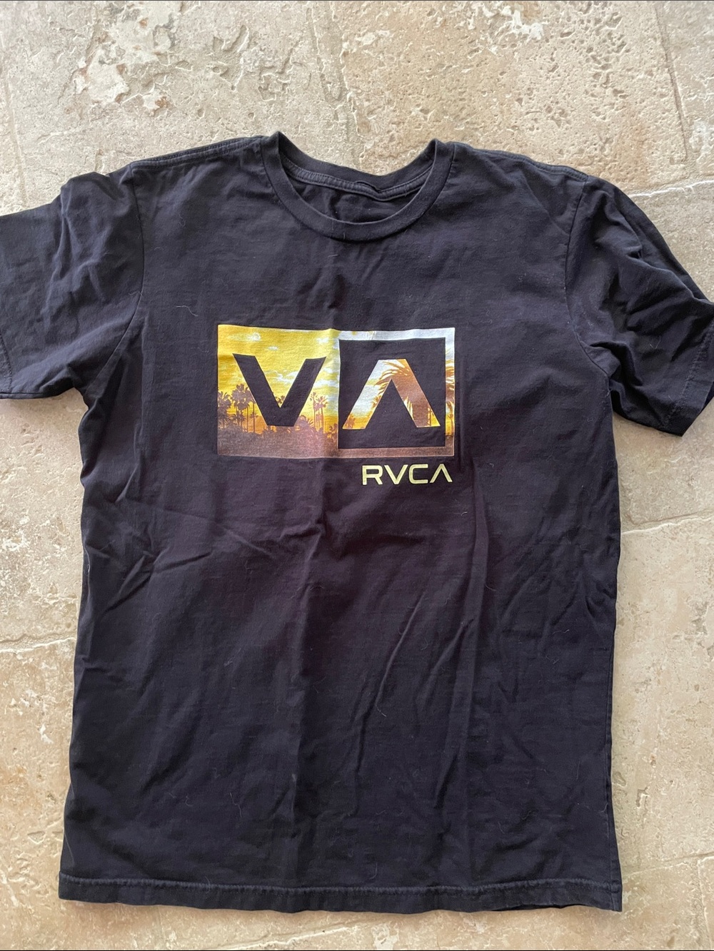 RVCA Black Short-Sleeve Tee with Iridescent Blue-Green VA Logo